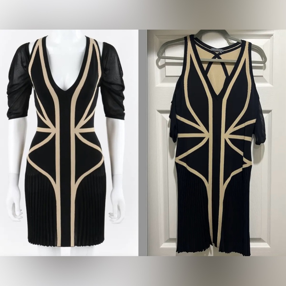 HOT Alexander Mcqueen Pleated Mesh Sleeve Cold Shoulder Black Print Knit Dress!